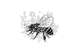 black and white vector illustration of bees and flowers