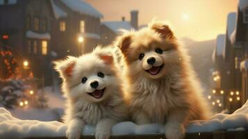 ai generado dos pequeño perros sentado en un Nevado ladera foto