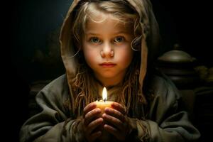 AI generated a little girl in a hooded robe holding a candle photo