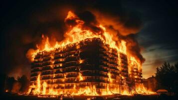 AI generated a large apartment building is on fire photo