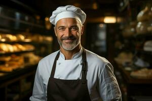 ai generado un hombre en un cocinero sombrero es en pie en un panadería foto