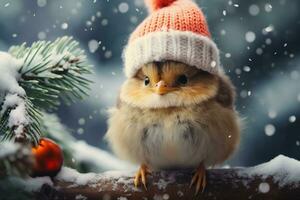ai generado un pequeño pájaro vistiendo un rojo sombrero se sienta en un rama en el nieve foto