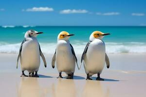 ai generado adorable pingüinos en exótico playa. foto