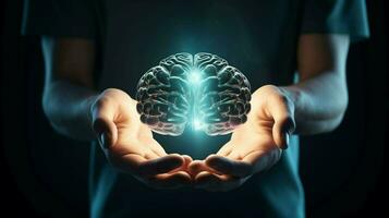 AI generated hands holding glowing brain in hands photo