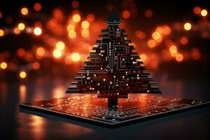 AI generated a circuit board christmas tree on a table photo