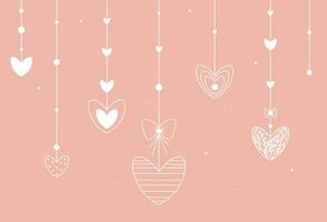 a pink background with hearts hanging from strings vector