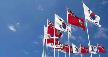 Bermuda and South Korea Flags Waving Together in the Sky, Seamless Loop in Wind, Space on Left Side for Design or Information, 3D Rendering video