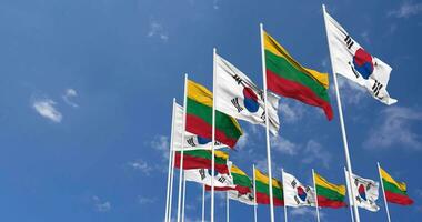 Lithuania and South Korea Flags Waving Together in the Sky, Seamless Loop in Wind, Space on Left Side for Design or Information, 3D Rendering video