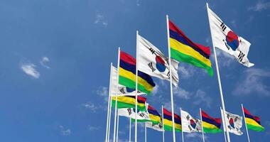 Mauritius and South Korea Flags Waving Together in the Sky, Seamless Loop in Wind, Space on Left Side for Design or Information, 3D Rendering video