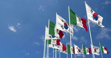 Mexico and South Korea Flags Waving Together in the Sky, Seamless Loop in Wind, Space on Left Side for Design or Information, 3D Rendering video