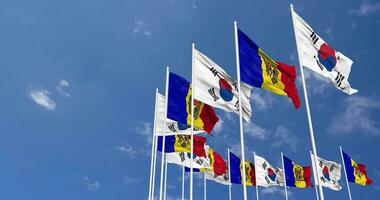 Moldova and South Korea Flags Waving Together in the Sky, Seamless Loop in Wind, Space on Left Side for Design or Information, 3D Rendering video