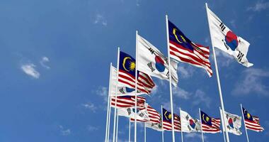 Malaysia and South Korea Flags Waving Together in the Sky, Seamless Loop in Wind, Space on Left Side for Design or Information, 3D Rendering video