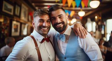 AI generated young gays wedding scene, wedding of young gays photo