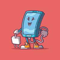 Cool Smartphone character holding an electric plug vector illustration. Tech, energy, geek design concept.