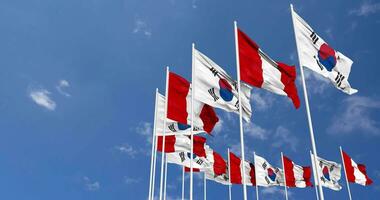 Peru and South Korea Flags Waving Together in the Sky, Seamless Loop in Wind, Space on Left Side for Design or Information, 3D Rendering video