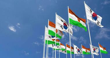 Niger and South Korea Flags Waving Together in the Sky, Seamless Loop in Wind, Space on Left Side for Design or Information, 3D Rendering video