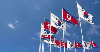 North Korea and South Korea Flags Waving Together in the Sky, Seamless Loop in Wind, Space on Left Side for Design or Information, 3D Rendering video