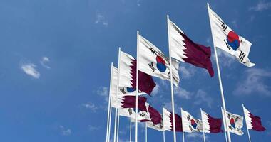 Qatar and South Korea Flags Waving Together in the Sky, Seamless Loop in Wind, Space on Left Side for Design or Information, 3D Rendering video