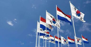 Paraguay and South Korea Flags Waving Together in the Sky, Seamless Loop in Wind, Space on Left Side for Design or Information, 3D Rendering video