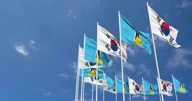 Saint Lucia and South Korea Flags Waving Together in the Sky, Seamless Loop in Wind, Space on Left Side for Design or Information, 3D Rendering video