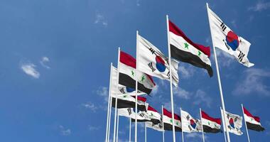 Siria y sur Corea banderas ondulación juntos en el cielo, sin costura lazo en viento, espacio en izquierda lado para diseño o información, 3d representación video