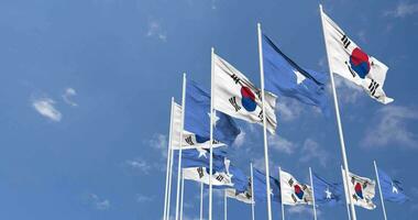 Somalia e Sud Corea bandiere agitando insieme nel il cielo, senza soluzione di continuità ciclo continuo nel vento, spazio su sinistra lato per design o informazione, 3d interpretazione video