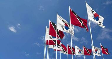 Trinidad and Tobago and South Korea Flags Waving Together in the Sky, Seamless Loop in Wind, Space on Left Side for Design or Information, 3D Rendering video