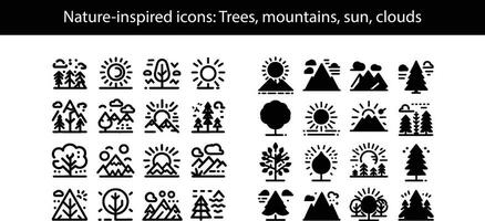 Nature inspired icons, Trees, mountains, sun, clouds, icons set, black and white, white background, vector look, line icons