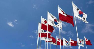 Tonga and South Korea Flags Waving Together in the Sky, Seamless Loop in Wind, Space on Left Side for Design or Information, 3D Rendering video