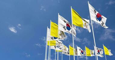 Vatican City and South Korea Flags Waving Together in the Sky, Seamless Loop in Wind, Space on Left Side for Design or Information, 3D Rendering video