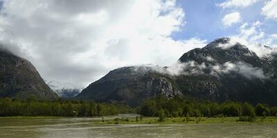 Ibanez river and Castillo Range viewed from the Pan-American Highway, Aysen Region, Patagonia, Chile photo