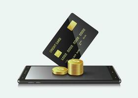 Black credit card or ATM card place on smarthphone screen and all object on white background vector