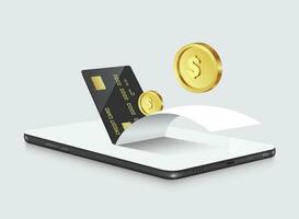 black credit card is insert into screen of smartphone, after which paper receipt and gold coins or dollars coins flow out of smartphone ,vector 3d isolated for online financial transaction advertising vector