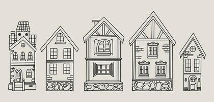 Collection outline houses doodles. Urban and rural architecture. Vector illustration. Isolated hand drawings.