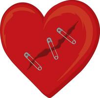 Broken heart stapled with safety pins vector illustration