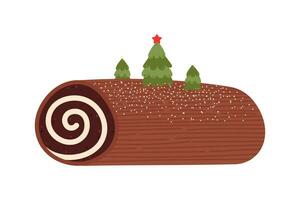 Yule log traditional Christmas cake with christmas tree decoration. Buche de noel dessert. Chocolate roll with cream vector
