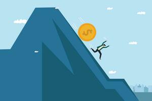 Financial and investment crisis. Man chased down coin mountain. business and economic finance concept. vector illustration