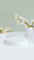 Empty podium or pedestal with spring bloom. Spring mock up for cosmetic products photo