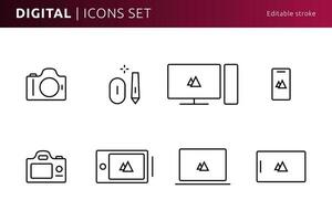 Digital tool icons designed in line art style can be used for web and print, editable stroke vector