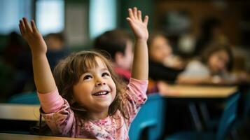 ai generado pequeño niña en salón de clases levantamiento arriba mano, generativo ai foto