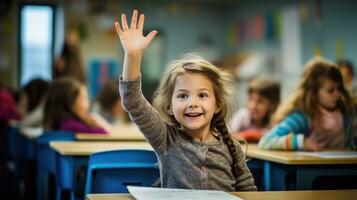 ai generado pequeño niña en salón de clases levantamiento arriba mano, generativo ai foto