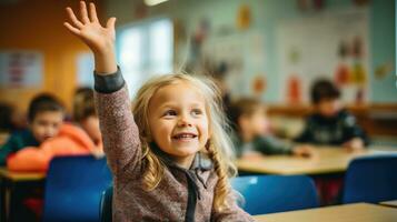 ai generado pequeño niña en salón de clases levantamiento arriba mano, generativo ai foto