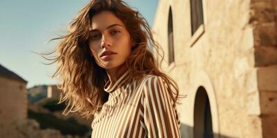 AI generated a woman in a striped striped shirt is posing in front of an old tower, generative AI photo
