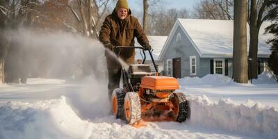 AI generated man uses snowblower to clear the driveway to prevent snow, generative AI photo