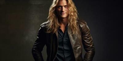 AI generated smiling man in leather jacket with long blonde hair, generative AI photo