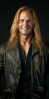 AI generated smiling man in leather jacket with long blonde hair, generative AI photo