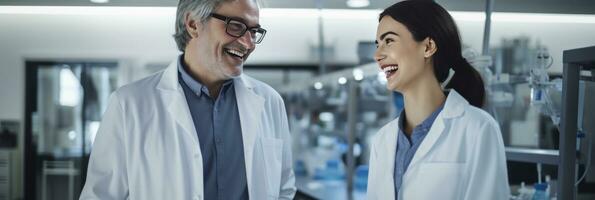 AI generated scientist and a lab assistant speaking in the laboratory, generative AI photo