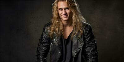 AI generated smiling man in leather jacket with long blonde hair, generative AI photo