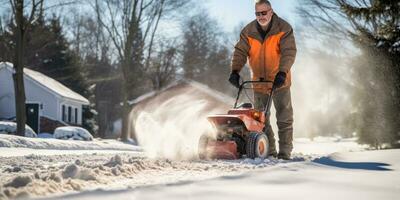 AI generated man uses snowblower to clear the driveway to prevent snow, generative AI photo