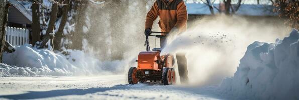 AI generated man uses snowblower to clear the driveway to prevent snow, generative AI photo